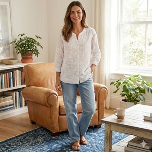 J. Jill Cotton Tonal Embroidered Floral Button Front Blouse White 3/4 Sleeves XL